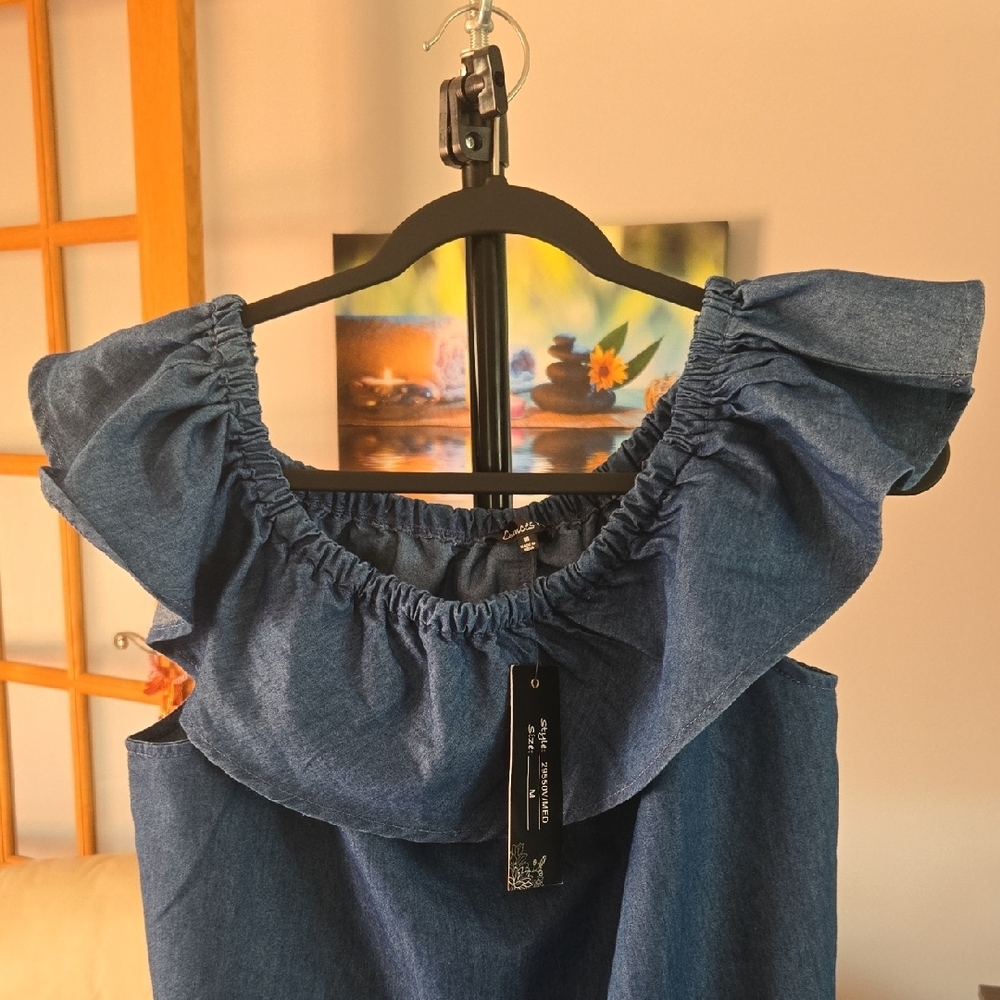 Women's Chances R Denim Off-Shoulder Ruffle Dress ๐ Size M - Picture 2 of 8
